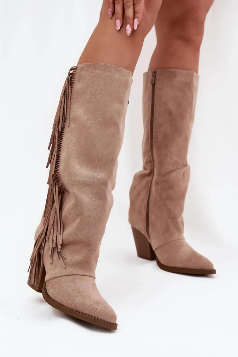 Kozaki Kowbojki Damskie Z Frędzlami Na Słupku Beżowe Tivara