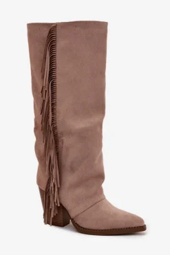 Kozaki Kowbojki Damskie Z Frędzlami Na Słupku Beżowe Tivara