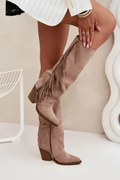 Kozaki Kowbojki Damskie Z Frędzlami Na Słupku Beżowe Tivara