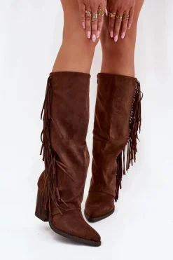 Kozaki Kowbojki Damskie Z Frędzlami Na Słupku Brązowe Tivara