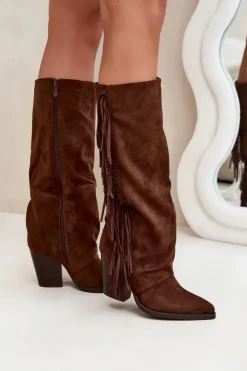 Kozaki Kowbojki Damskie Z Frędzlami Na Słupku Brązowe Tivara