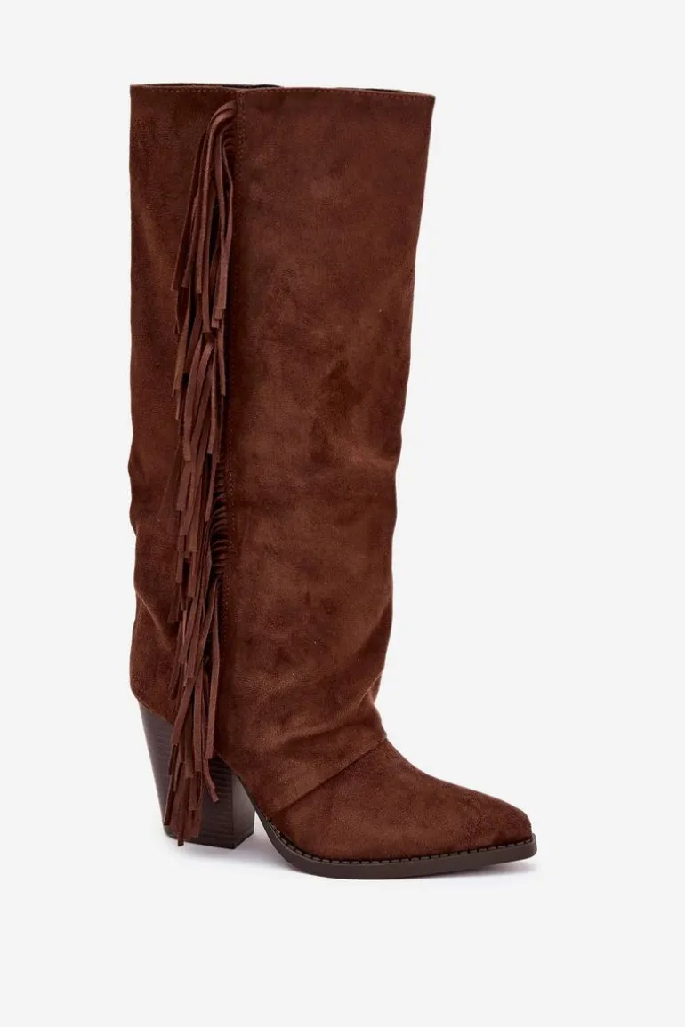 Kozaki Kowbojki Damskie Z Frędzlami Na Słupku Brązowe Tivara