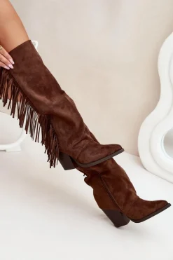 Kozaki Kowbojki Damskie Z Frędzlami Na Słupku Brązowe Tivara