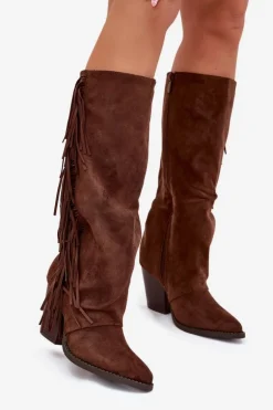 Kozaki Kowbojki Damskie Z Frędzlami Na Słupku Brązowe Tivara