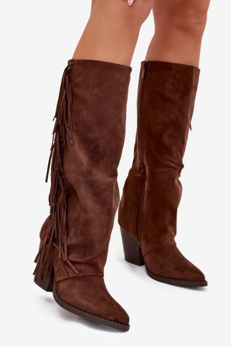 Kozaki Kowbojki Damskie Z Frędzlami Na Słupku Brązowe Tivara