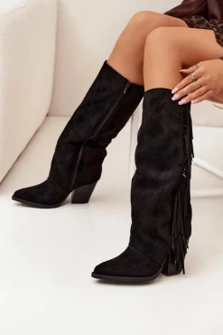 Kozaki Kowbojki Damskie Z Frędzlami Na Słupku Czarne Tivara