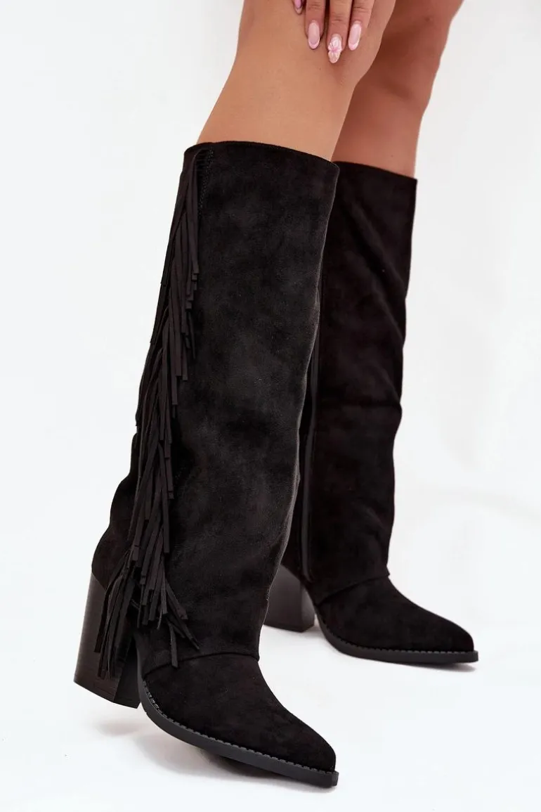 Kozaki Kowbojki Damskie Z Frędzlami Na Słupku Czarne Tivara