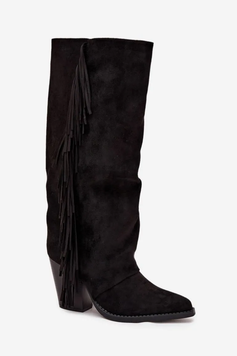 Kozaki Kowbojki Damskie Z Frędzlami Na Słupku Czarne Tivara