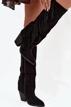 Kozaki Kowbojki Damskie Z Frędzlami Na Słupku Czarne Tivara