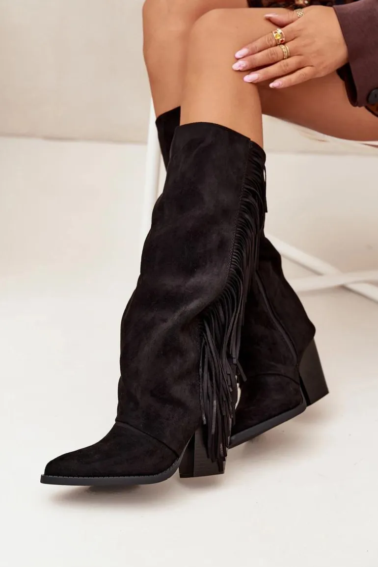 Kozaki Kowbojki Damskie Z Frędzlami Na Słupku Czarne Tivara