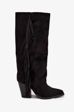 Kozaki Kowbojki Damskie Z Frędzlami Na Słupku Czarne Tivara