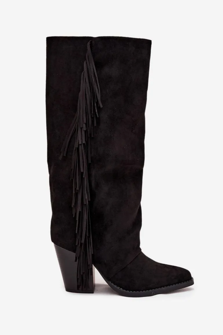 Kozaki Kowbojki Damskie Z Frędzlami Na Słupku Czarne Tivara