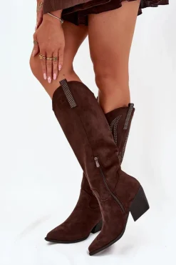 Kozaki Kowbojki Damskie Ze Zdobieniem Na Słupku Czekoladowe Jovina