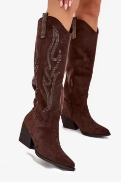 Kozaki Kowbojki Damskie Ze Zdobieniem Na Słupku Czekoladowe Jovina