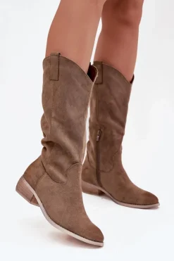 Kozaki Kowbojki Na Niskim Obcasie Z Eko Zamszu Ciemnobeżowe Cherrie