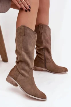 Kozaki Kowbojki Na Niskim Obcasie Z Eko Zamszu Ciemnobeżowe Cherrie