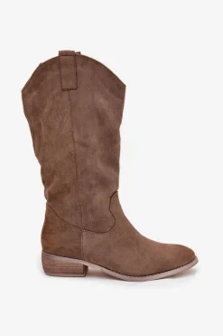 Kozaki Kowbojki Na Niskim Obcasie Z Eko Zamszu Ciemnobeżowe Cherrie