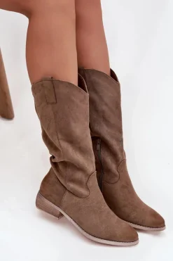 Kozaki Kowbojki Na Niskim Obcasie Z Eko Zamszu Ciemnobeżowe Cherrie