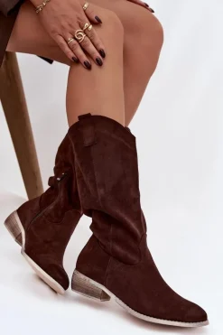 Kozaki Kowbojki Na Niskim Obcasie Z Eko Zamszu Czekoladowe Cherrie