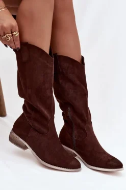 Kozaki Kowbojki Na Niskim Obcasie Z Eko Zamszu Czekoladowe Cherrie