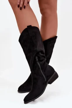 Kozaki Kowbojki Na Niskim Obcasie Z Eko Zamszu Czarne Cherrie