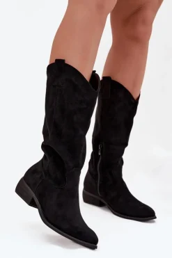 Kozaki Kowbojki Na Niskim Obcasie Z Eko Zamszu Czarne Cherrie