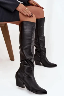 Kozaki Kowbojki Na Obcasie Z Marszczeniem Ocieplane Czarne Rosvian