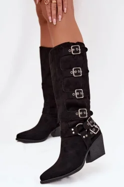 Kozaki Kowbojki Na Słupku Z Klamrami Czarne Fivelle