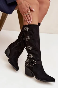 Kozaki Kowbojki Na Słupku Z Klamrami Czarne Fivelle