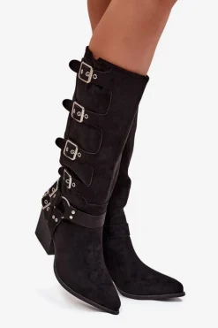 Kozaki Kowbojki Na Słupku Z Klamrami Czarne Fivelle