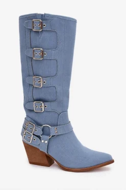 Kozaki Kowbojki Na Słupku Z Klamrami Jeansowe Fivelle