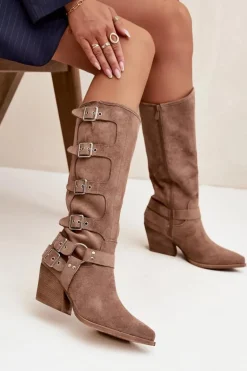 Kozaki Kowbojki Na Słupku Z Klamrami Ciemnobeżowe Fivelle