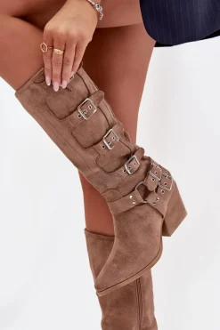 Kozaki Kowbojki Na Słupku Z Klamrami Ciemnobeżowe Fivelle