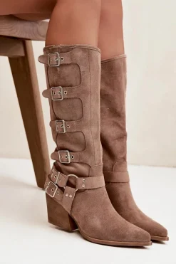 Kozaki Kowbojki Na Słupku Z Klamrami Ciemnobeżowe Fivelle