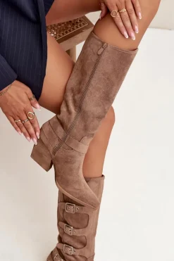 Kozaki Kowbojki Na Słupku Z Klamrami Ciemnobeżowe Fivelle