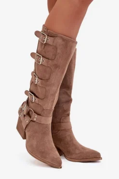 Kozaki Kowbojki Na Słupku Z Klamrami Ciemnobeżowe Fivelle