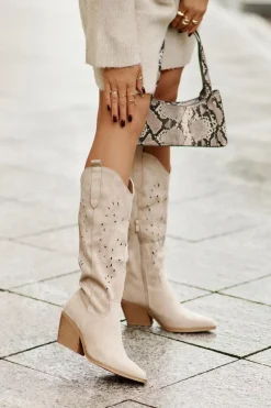 Kozaki Kowbojki Na Słupku Z Ażurowym Wzorem Przed Kolano Jasnobeżowe Innathoria