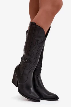 Kozaki Kowbojki Na Słupku Eko Skórzane Ocieplane Czarne Zareen