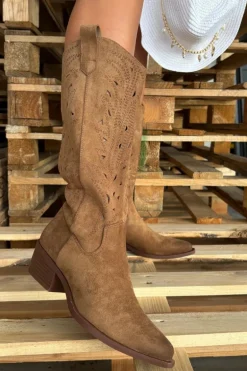 Kozaki Kowbojki Z Ażurowym Wzorem Na Niskim Obcasie Khaki Selirae