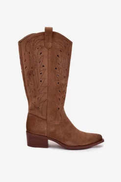 Kozaki Kowbojki Z Ażurowym Wzorem Na Niskim Obcasie Khaki Selirae