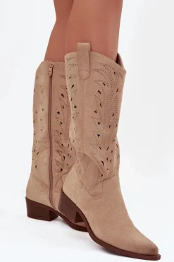 Kozaki Kowbojki Z Ażurowym Wzorem Na Niskim Obcasie Beżowe Selirae
