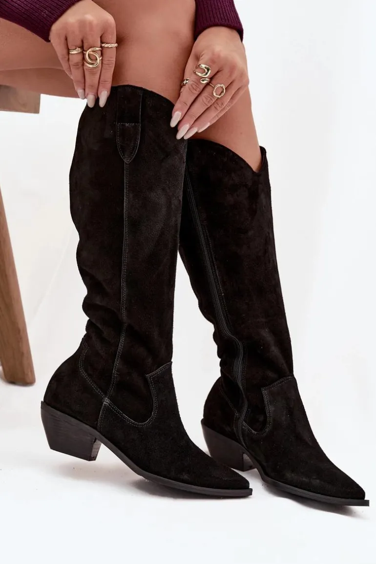 Kozaki Kowbojki Z Naturalnego Zamszu Ocieplane Zazoo 4225 Czarne