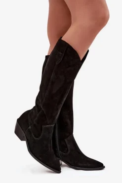 Kozaki Kowbojki Z Naturalnego Zamszu Ocieplane Zazoo 4225 Czarne