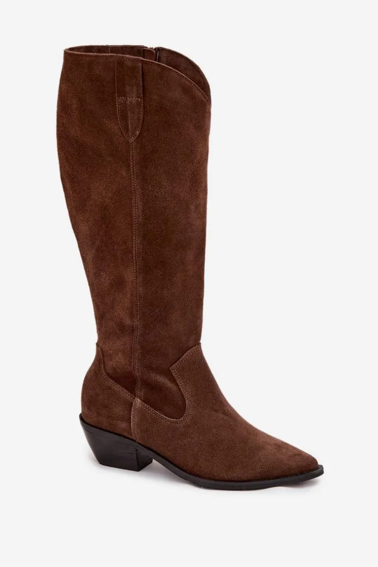 Kozaki Kowbojki Z Naturalnego Zamszu Ocieplane Zazoo 4225 Brązowe