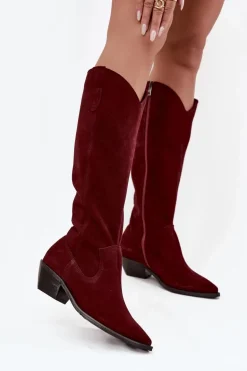 Kozaki Kowbojki Z Naturalnego Zamszu Ocieplane Zazoo 4225 Bordowe