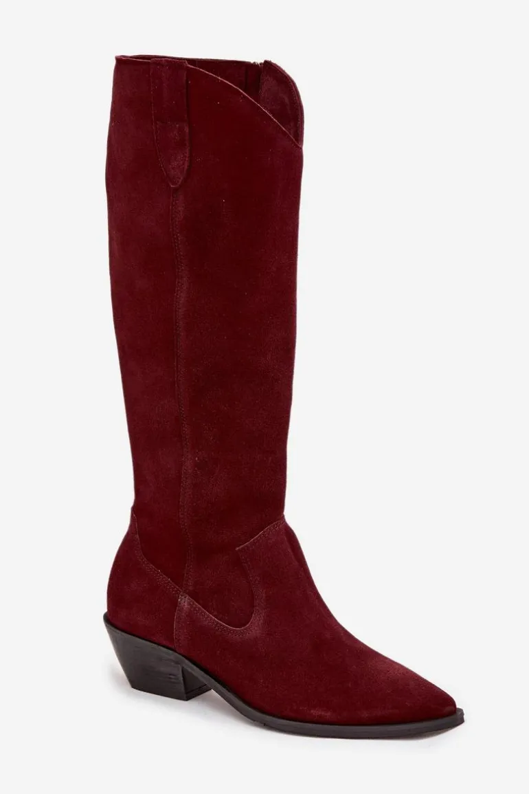 Kozaki Kowbojki Z Naturalnego Zamszu Ocieplane Zazoo 4225 Bordowe