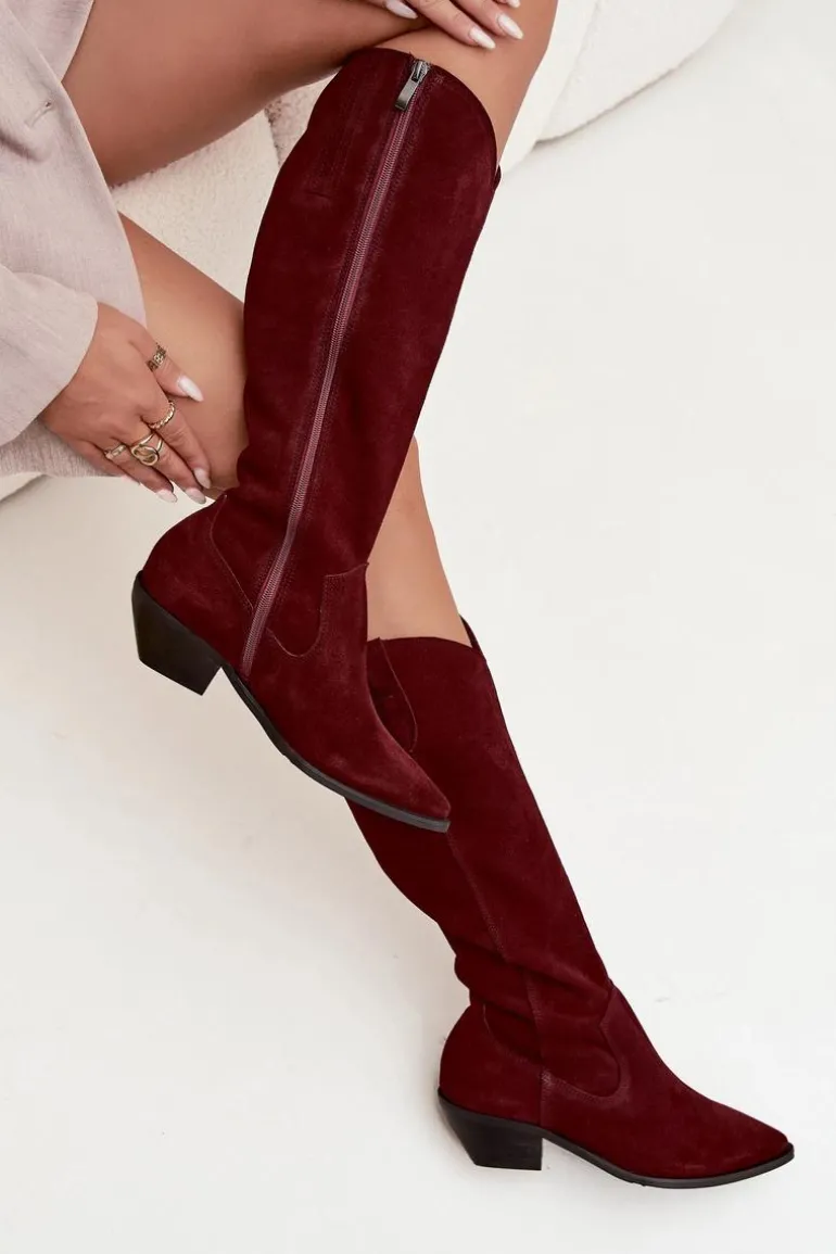 Kozaki Kowbojki Z Naturalnego Zamszu Ocieplane Zazoo 4225 Bordowe