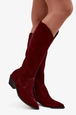 Kozaki Kowbojki Z Naturalnego Zamszu Ocieplane Zazoo 4225 Bordowe