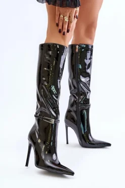 Kozaki Lakierowane Ocieplane Na Szpilce Z Klamrą Czarne Tameliae