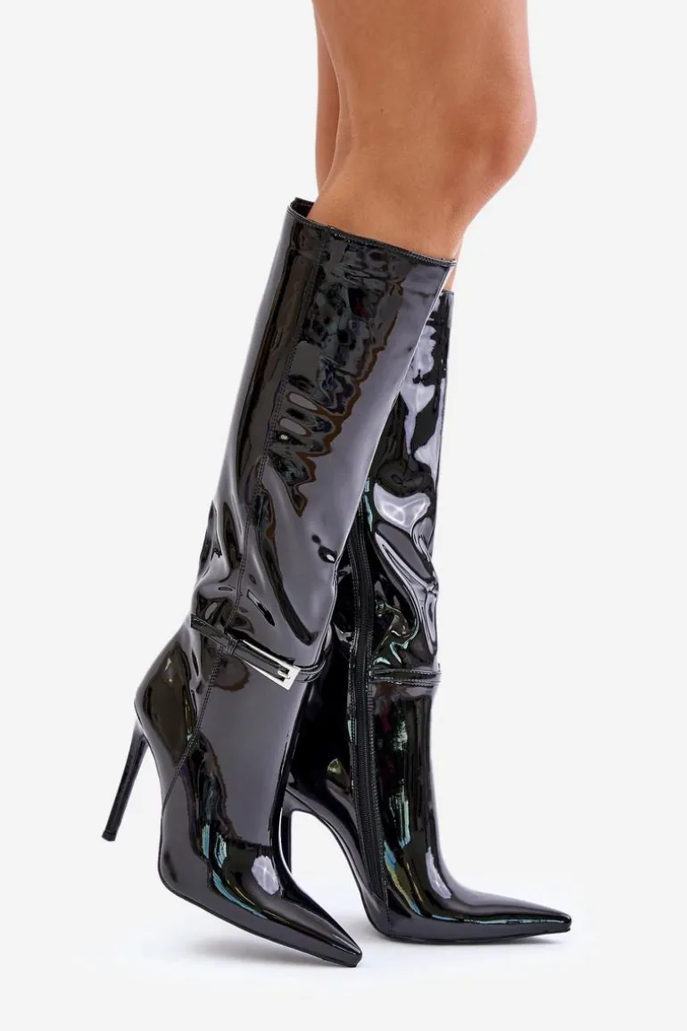 Kozaki Lakierowane Ocieplane Na Szpilce Z Klamrą Czarne Tameliae